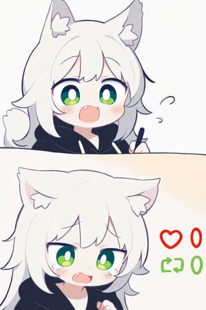 1girl, wolf tail, wolf ears, green eyes, long hair, white hair, fang, two-frame cartoon, happy_face , sad_face, black hood, drawing, hoso-inu, cry, white background, sign
