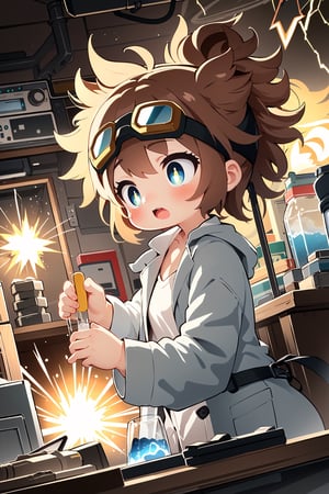 1girl, solo, laboratory, chaotic, electrifying atmosphere, mad scientist, wild hair, goggles, sparking machinery, mysterious liquids