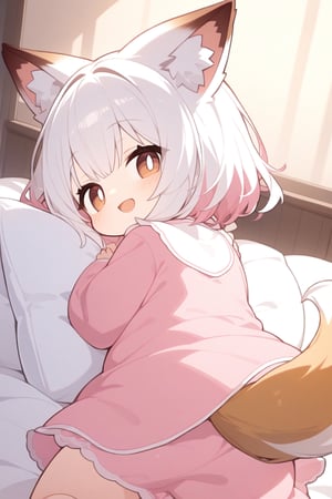 1girl, rubellite brown eyes, white hair, fox ears, fox tail, smile, open mouth, sleepy, pink pajamas, hug, pillow, bedroom, night, looking back, looking at viewer, from behind, intricate, white theme, white tone, brown tone, pink tone, black tone, loli, child, fat, white pupils 