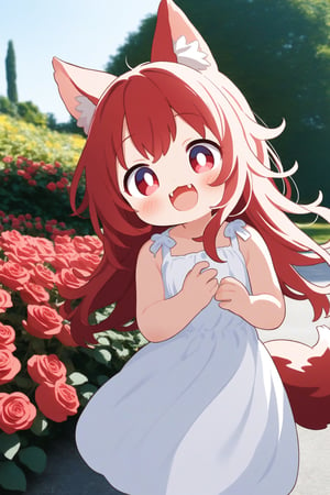 child, age down, 1girl, red hair, red eyes, long hair, wolf ears, wolf tail, white dress, fangs, :D, rose, flower, outdoor, photo_background