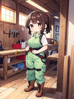 1girl, solo, holding a saw, watercolor painting style, muted industrial colors, work attire with a tool belt, shoulder-length brown hair, tied in a practical ponytail, safety goggles in place, determined brown eyes, focused facial expression, medium breast size, wearing a rugged jumpsuit with grease stains, sturdy work boots, standing in a carpentry workshop, sawdust particles in the air, wooden planks and tools neatly organized on the wall, soft daylight filtering through large windows, emphasizing the texture of the wood and the worker's tools.