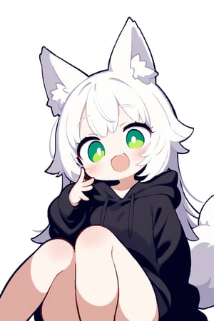 1girl, solo, long hair, green eye, white hair, wolf ears, wolf tail, black hoodie, white background, simple background, :d, fang, sitting, 