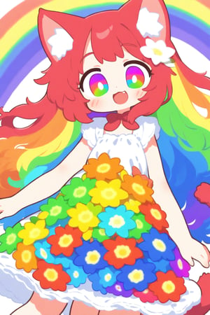 1girl, solo, rainbow hair, long hair, rainbow eye, (many rainbow flower:1.2), Front View, rainbow dress, cat ear, tail