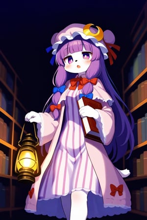 1girl, 
banned artist, patchouli knowledge,
solo, furry, blue bow, blue ribbon, blunt bangs, blush, book, bookshelf, bow, bowtie, crescent, crescent hat ornament, dark, dress, hair bow, hat, hat ornament, hat ribbon, holding, holding book, holding lantern, lantern, library, long hair, mob cap, open book, open mouth, purple eyes, purple hair, red bow, red ribbon, ribbon, robe, solo, striped clothes, striped dress, thighhighs, vertical-striped clothes, vertical-striped dress, very long hair, walking, wide sleeves, cat ear, tail,
masterpiece, very aesthetic