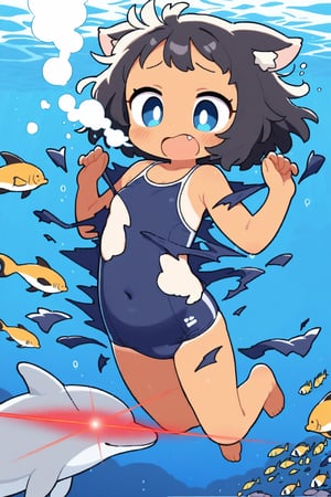 1girl, solo, loli, dynamic pose, animal ears, tail, short hair, blue eyes, black hair, swimsuit, barefoot, water, one-piece swimsuit, covered navel, school swimsuit, tan, fish, bubble, blue one-piece swimsuit, underwater, air bubble, competition school swimsuit, swimming, dolphin, freediving, holding breath, (ripped clothing:1.5), (exploding clothes:1.5), shy, open mouth, fang, Dolphin eyes glow red