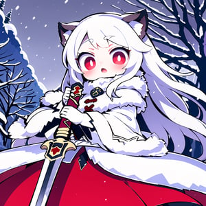 (best quality:1.2), (hyper detailed)ulrika, red eyes, pale skin, snowy russian background, outdoors, holding sword