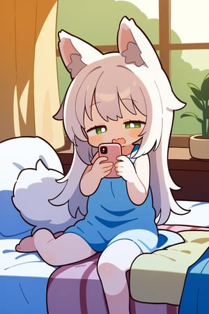 1girl, solo, wolf ears, wolf tail, green eyes, white hair, long hair, half-closed eyes, big yawn, bed, quilt, window, curtain, sunshine, get up, mobile phone, holding mobile phone, looking at mobile phone, sitting 