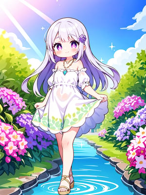 1girl, solo, watercolor painting, ethereal atmosphere, flowing dress, pastel colors, delicate jewelry, silver necklace, youthful appearance, long lavender hair, loose waves, flower hairpin, violet eyes, gentle smile, modest bust size, flowing petals in the breeze, scenic garden background, blooming amethyst flowers, soft sunlight, standing pose, facing sideways, ankle-length dress, empire waist, flowing sleeves, floral patterns, dainty sandals, slender fingers, peaceful expression, surrounded by sparkling water droplets, dreamlike ambiance. 