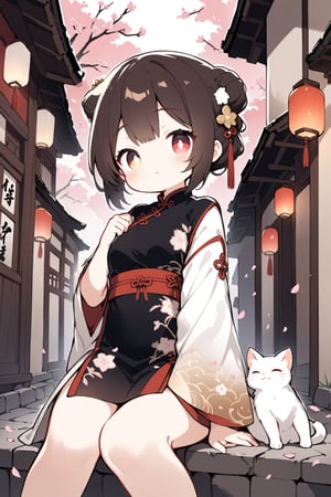 
1girl, solo, sitting, traditional Chinese painting, delicate strokes, flowing contours, ink wash, subtle color palette, gentle breeze, cat, narrow alley, ancient architecture, tiled roofs, paper lanterns, cherry blossoms, age: young, hair color: black, hairstyle: loose bun, hair accessory: floral hairpin, eye color: brown, facial expression: serene, clothing: qipao, colors: red and gold, background: old Chinese alley, lantern-lit, cherry blossom petals in the air.