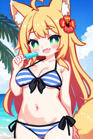 a girl in a bikini holding a ice lolly in her hand, 1girl, flower, breasts, swimsuit, bikini, solo, animal ears, blonde hair, food, long hair, green eyes, striped, striped bikini, arm up, hibiscus, popsicle, side-tie bikini bottom, outdoors, smile, navel, hair flower, day, hair ornament, holding, cleavage, fox ears, red flower, holding food, fang, tail, open mouth, collarbone, very long hair, fox tail, front-tie bikini top, front-tie top, animal ear fluff, ahoge, palm tree, blush, large breasts, bangs, fox girl, :d, blue bikini, sky