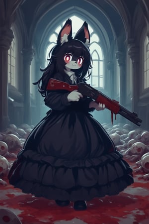 Close-up furry girl, she was wearing a long black dress, in an abandoned church, the ground was full of Zombie Corpse, She stand in the blood, her skirt was stained with blood, dark, Gothic Lolita, Holding a shotgun, anime style