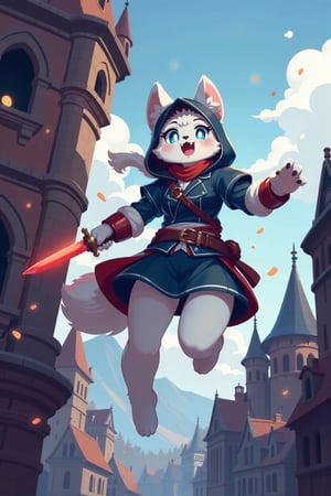 A furry girl takes a jumping pose and jumps in from the right side of the screen. She is wearing an Assassin's Creed Clothing. Her mouth is open and her fangs are exposed. Her eyes are sharp, staring at the prey. A dynamic pose, with fragments  special effects, tsurime, Jump out of a tall building window, Medieval scene,Holding a dagger that glows red,big bell tower, anime style ,wide angle