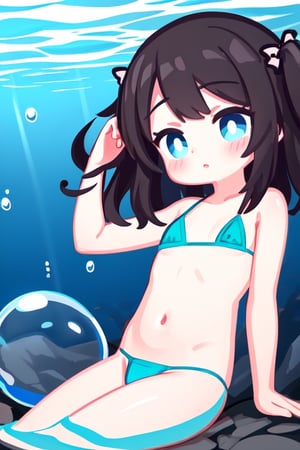 A girl, under water, bubble, micro bikini, light into water, from abave, deep sea