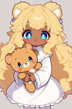 A cute furry girl with blue eyes and long blond curly hair wearing a white dress and a bell collar holding a cute bear doll,anime style, dark skin ,furry animal palm