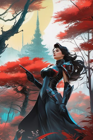 Close-up, 8K Ultra HD. clarity, clarity, detail, dynamic lighting, mech villain pose, ultra high quality digital painting painted by Artgerm, Leusch, Charlie Bowater and Sarah Tepes, futuristic, red, black neon colors, Kyrgyz, mechanical forest with trees made of machines, metal and wire , LED lights, geodesic, unearthly, surreal, exotic, inorganic vegetation, amorphous vegetation, otherworldly, surreal atmosphere
in the style of Jeremy Mann and Charles Dana Gibson, Mark Demsteder, Paul Hedley. Studio Ghibli Genshin Impact, vector illustration