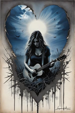 Charcoal drawing, A heart-wrenching album cover featuring blended themes from "Lost Without You" and "Zombie," including fragmented landscapes, torn diary pages, guitar strings laced with thorns, dove and zombie silhouettes against a grunge textured background, hauntingly vacant expressions, symbolic colors of deep blues and stark greys, cascading into an abyss of emotional turmoil, capturing the essence of despair and conflict, lens flare emphasizing the turmoil, chiaroscuro, ultra-realistic, 8,Leonardo Style