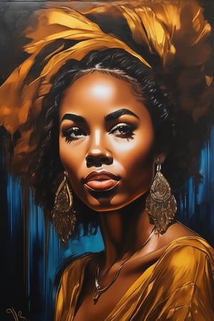 Portrait of a beauty An 8K oil painting of an African American woman with flawless makeup and locs, shrugging her shoulders with a smirk on her face. The woman is depicted with expressive facial features, highlighting her glowing skin and elegantly styled locs. The background is a soft, blurred mix of warm colors that complement her complexion. The painting captures a moment of playful uncertainty, emphasized by her raised eyebrows and the slight tilt of her head.
golden patterns, ,hatching with black pencil,Charcoal drawing, black pencil drawing,golden patterns