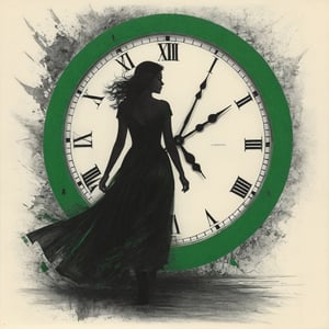 Charcoal drawing, black pencil drawing, pencil drawing, line drawing, black and white drawing, graphite drawing, toned paper,
A bright green monochrome image of a woman's silhouette, determinedly walking against the flow of time, represented by a clock that seems to disintegrate behind her. Her shadow is long, stretching across the stage, and she wears a flowing, elegant dress that reflects the light. The atmosphere is both mysterious and inspiring, with a sense of urgency in the air.
Art by Antonio Mora, Andre Cohn, Arthur Bordalo, Bob Ringwood, Benedick Ban,