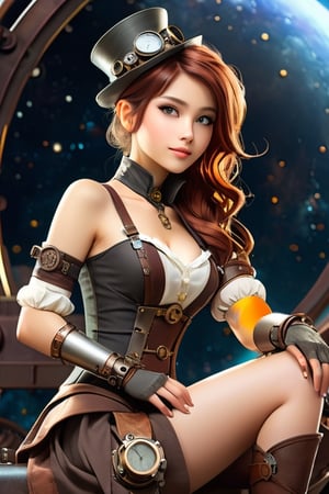 girl, steampunk style, (metal left arm), sexy pose, beauty_face, space background, full body sitting