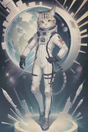 cat human form in space suit, standing, smiling, in space