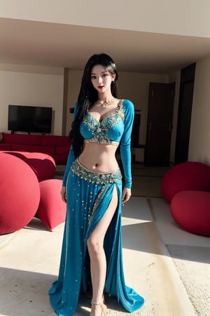 centered, belly dancer, midriff, Navel,huge_boobs, droopy breast, saggy breast, symetrical outfit, black hair, dark skin tone, | bokeh, depth of field, indoors, tavern, 20 years old korean girl, korean idol style,masterpiece, best quality, photorealistic, raw photo, 1girl,long hair,sexy dress,seducing_eyes,detailed skin, pore, low key,sexy_pose,little_cute_girl,blurry_light_background,Korean,Beauty,Sexy,aespa karina,asian girl,karinalorashy,full body portrait