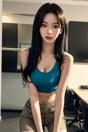 centered,exposed_midriff,huge_boobs, droopy breast, saggy breast, black hair, office, 17 years old korean girl, korean idol style,masterpiece, best quality, photorealistic, raw photo, 1girl,long hair,small tight sleeveless crop top, mini skirt absolute_cleavage, cleavage cutout, underboob, fishnet_pantyhose,seducing_eyes, cow_girl_position,Korean,Beauty,Sexy,aespa karina,asian girl,full-body_portrait, full_body, standing