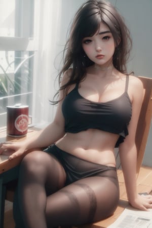 centered,exposed_midriff,huge_boobs, droopy breast, saggy breast, black hair, office, 17 years old korean girl, korean idol style,masterpiece, best quality, photorealistic, raw photo, 1girl,long hair,tight sleeveless mini underboob crop top, mini skirt, under_boob, underbreast, underboob, fishnet_pantyhose,seducing_eyes, cow_girl_position,Korean,Beauty,Sexy,aespa karina,asian girl,full-body_portrait, full_body, sitting pose on desk, leg_spread,upshirt