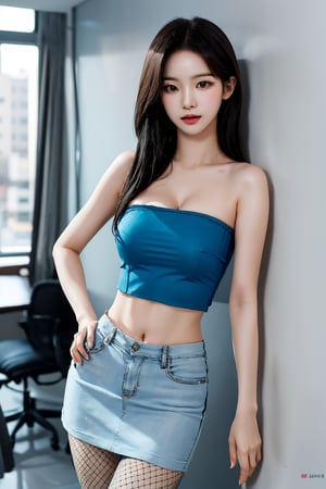 centered,exposed_midriff,huge_boobs, droopy breast, saggy breast, black hair, office, 17 years old korean girl, korean idol style,masterpiece, best quality, photorealistic, raw photo, 1girl,long hair,small tight sleeveless strapless crop top, mini skirt absolute_cleavage, cleavage cutout, underboob, fishnet_pantyhose,seducing_eyes, cow_girl_position,Korean,Beauty,Sexy,aespa karina,asian girl,full-body_portrait, full_body, standing