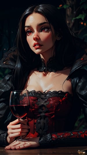 one vampire woman sitting at the table of an old castle, holding a glass of red wine, her dress is black and red, her skin is white and livid, dark red eyes, her hair is black, sharp tooth, night, middle of a forest,color autumn,fairycore,fantasy,intricate,elegant,highly detailed,digital painting,artstation,concept art,matte,sharp focus,illustration,



