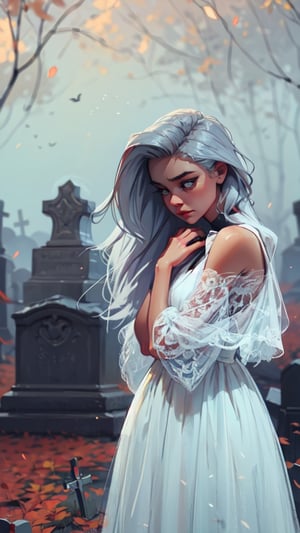 a pretty young sad ghost woman is lost in the middle of a cemetery, her dress is white, white eyes, white hair, her skin is white, mist, night,color autumn,fairycore,fantasy,intricate,elegant,highly detailed,digital painting,artstation,concept art,matte,sharp focus,illustration,