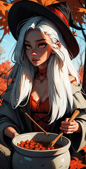 one young woman witch,orange eyes,white hair, witch hat red,stirring in a cauldron,dress red,color autumn, middle forest,fairycore,fantasy,intricate,elegant,highly detailed,digital painting,artstation,concept art,matte,sharp focus,illustration,
