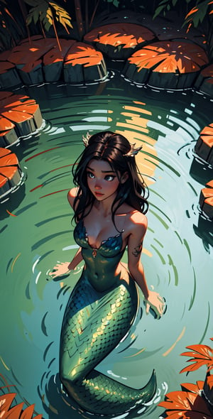 a young asian mermaid girl with a white tail swimming in a lake in the middle of the forest, black eyes, long black hair, seen from above,color autumn,fairycore,fantasy,intricate,elegant,highly detailed,digital painting,artstation,concept art,matte,sharp focus, illustration, 

