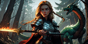 panorama of one angry young woman in medieval knight's armor, her blond hair has several braids, her eyes are brown, she holds a sword in her right hand, she holds a shield in her left hand, she is slightly sideways, one dragon dark green is in front of her, it is ready to breathe fire, a sinister forest in the color of autumn, a light mist,fairycore,fantasy,intricate,elegant,highly detailed,digital painting,artstation,concept art,matte,sharp focus,illustration,