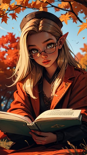 young elf woman,sitting in the middle of a clearing holding a book,autumn color,brown pointed hat, brown light eyes, brown hair, glasses, freckles, fairycore,fantasy,intricate,elegant,highly detailed,digital painting,artstation,concept art,matte,sharp focus,illustration,