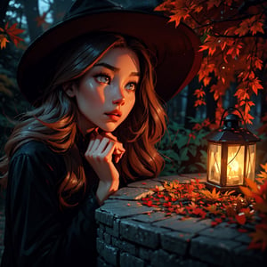 One young Asian woman in a dark red dress and hat, holding a lantern, looking into a well at night, autumn color, middle of a forest,fairycore,fantasy,intricate,elegant,highly detailed,digital painting,artstation,concept art,matte,sharp focus,illustration,