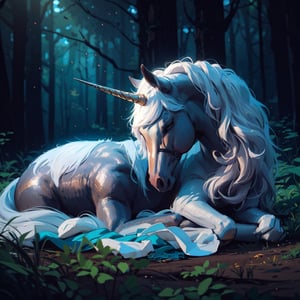 one unicorn sleeping in the middle of a clearing, night, in the middle of a forest, fairy, fantastic, elegant, very detailed, fantasy, complex, sharp focus,fairycore,fantasy,intricate,elegant,highly detailed,digital painting,artstation,concept art,matte,sharp focus,illustration,no girl,