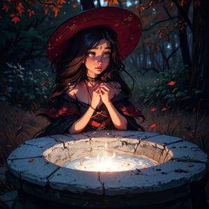 one young Indian witch making a wish above a lit well, her dress is purple, her pointes hat is purple, brown light eyes, autumn color, middle of a forest,fairycore,fantasy,intricate,elegant,highly detailed,digital painting,artstation,concept art,matte,sharp focus,illustration,