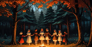 several young women of several ethnic groups, dressed as witches, they form a circle, they hold hands, it is night, they are lit by a lantern, autumn color, in the middle of a forest,fairycore,fantasy,intricate,elegant,highly detailed,digital painting,artstation,concept art,matte,sharp focus,illustration,