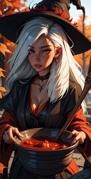 one young woman witch,red eyes,white hair, witch hat red,stirring in a cauldron,dress red,color autumn,fairycore,fantasy,intricate,elegant,highly detailed,digital painting,artstation,concept art,matte,sharp focus,illustration,
