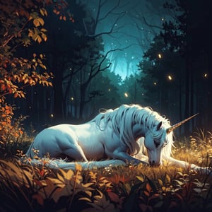 one unicorn sleeping in the middle of a clearing, night, in the middle of a forest, fairy, fantastic, elegant, very detailed, fantasy, complex, sharp focus,fairycore,fantasy,intricate,elegant,highly detailed,digital painting,artstation,concept art,matte,sharp focus,illustration,no girl,