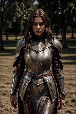 beautiful woman, good posture, solo, toned
dark brown shoulder length wavy messy hair, thicc, fit


sexy
adventurous, 
 fierce, motivated 
feminine

standing in a field in the 1500s
portait

looking at camera
cuban italian

serious, confident
portrait, 50mm, film grain, bokeh, closeup

wearing medival armor,medieval armor 

plate armor, leather skirt under ,medieval armor