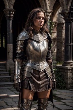 beautiful woman, good posture, solo, toned
dark brown shoulder length wavy messy hair, thicc, fit
action pose
strong stance
thighs exposed, 

light armor

sexy
adventurous, 
 fierce, motivated 
feminine

standing in a field in the 1500s
portait

looking at camera
cuban italian

serious, confident
portrait, 50mm, film grain, bokeh, closeup

wearing medival armor,medieval armor 

plate armor, leather skirt under ,medieval armor