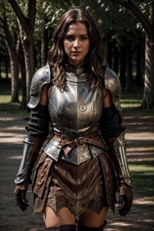 beautiful woman, good posture, solo, toned
dark brown shoulder length wavy messy hair, thicc, fit
action pose
strong stance
thighs exposed, 

light armor

sexy
adventurous, 
 fierce, motivated 
feminine

standing in a field in the 1500s
portait

looking at camera
cuban italian

serious, confident
portrait, 50mm, film grain, bokeh, closeup

wearing medival armor,medieval armor 

plate armor, leather skirt under ,medieval armor