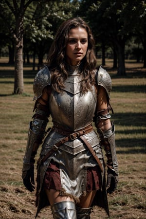 beautiful woman, good posture, solo, toned
dark brown shoulder length wavy messy hair, thicc, fit


sexy
adventurous, 
 fierce, motivated 
feminine

standing in a field in the 1500s
portait

looking at camera
cuban italian

serious, confident
portrait, 50mm, film grain, bokeh, closeup

wearing medival armor,medieval armor 

plate armor, leather skirt under ,medieval armor