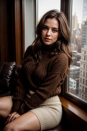 beautiful 26 year old woman. sexy, strong stance, solo, fit
young, thicc
dark brown hair, slight smile
adventurous, 
wearing knitted sweater
looking at camera
cuban italian
sitting in a NYC penthouse
serious, confident
portrait, 50mm, film grain, bokeh, closeup
morning warm sunlight

