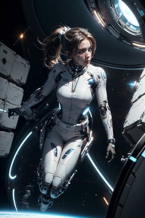 (4k), (masterpiece), (best quality),(extremely intricate), (realistic), (sharp focus), (cinematic lighting), (extremely detailed), (full body),

A young girl with cybernetic prosthetics and explosion magic floats in the zero-gravity environment of a space station. She is wearing a white spacesuit and a pair of goggles. Her hair is tied back in a ponytail, and her face is determined. Her cybernetic prosthetics are enhanced with powerful thrusters, allowing her to maneuver with ease. She is a spacefaring cybernetic sorceress.

,explosionmagic, excessive energy, smoke, glowing aura
, neotech, scifi, sleek