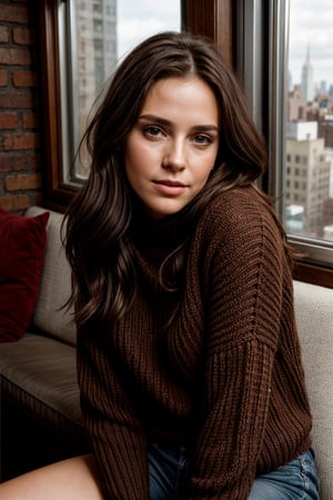 beautiful 26 year old woman. sexy, strong stance, solo, fit
dark brown hair, slight smile
adventurous, 
wearing knitted sweater
looking at camera
cuban italian
sitting in a NYC penthouse
serious, confident
portrait, 50mm, film grain, bokeh, closeup
morning warm sunlight

