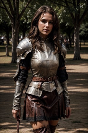 beautiful woman, good posture, solo, toned
dark brown shoulder length wavy messy hair, thicc, fit


sexy
adventurous, 
 fierce, motivated 
feminine

standing in a field in the 1500s
portait

looking at camera
cuban italian

serious, confident
portrait, 50mm, film grain, bokeh, closeup

wearing medival armor,medieval armor 

plate armor, leather skirt under 