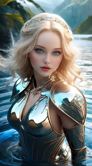 Photorealistic, masterpiece, photography, a beautiful woman, perfect face with proportional naural body, big natural breast, Water waves tunic, realistic clothes clothes made with water, blue eyes, full body, magic, crystals, in a fantasy lake, glamour pose, sensual, well defined and beautiful hands, natural ligths, add_detail:1 ,arshadArt ,Game of Thrones,mecha,cyberpunk robot,blond,jump,lord of the rings (but careful with the word "lord"),robbie,WaterAI