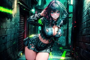 1girl, (long legs:1.3) she posing on the side, (torn clothes, revealing clothes:1.3), looking at far distance above, beautiful face, perfect blue eyes, sparks, school_uniform, mini skirt, shirt button up, (female hair made of fine red, blue, green neon:1.5), (medium thin hair made of blue, pink, green, neon strands flowing down the body), (in a dark alley:1.2), (huge breasts, cleavage:1.2), midriff, skinny, large hip, (sexy pose, dynamic pose), (strip club), ultra high resolution, 8k, HDR, high detail, perfecteyes, detailed eyes, detailed face, bright face,High detailed